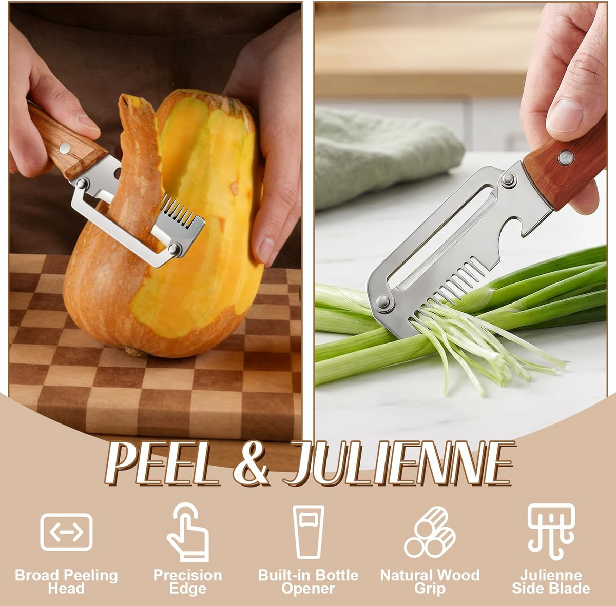 Pelador de verduras de hoja ancha con filo para juliana y mango de madera para vegetales de raíz
