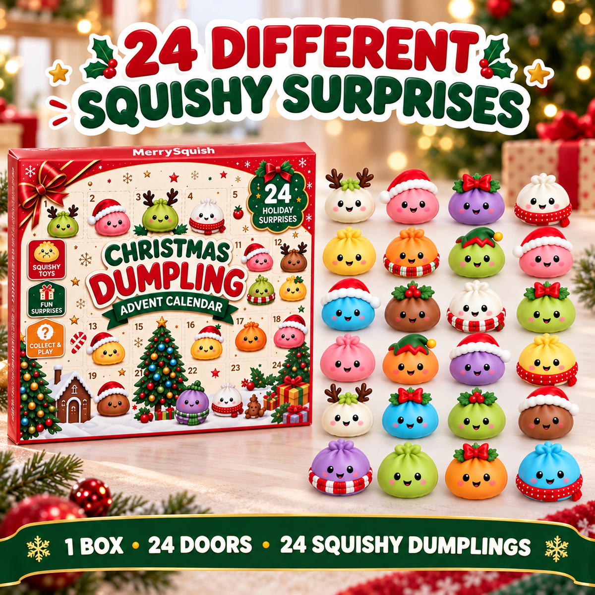 Squishy Toy Advent Calendar – 24 Soft Holiday Dumplings for Kids, Daily Countdown to Christmas, Ages 6+