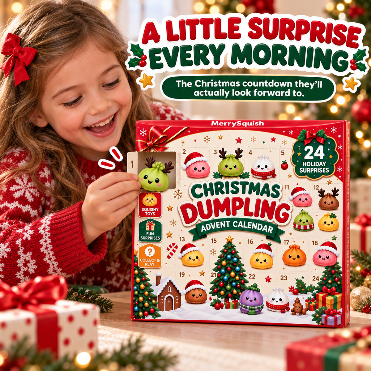 Squishy Toy Advent Calendar – 24 Soft Holiday Dumplings for Kids, Daily Countdown to Christmas, Ages 6+