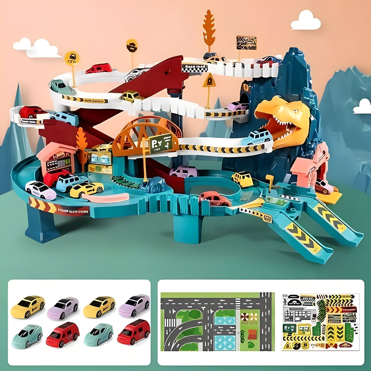 Dinosaurier-Rennbahn-Spielset mit acht Autos und mehrstöckiger Konstruktion
