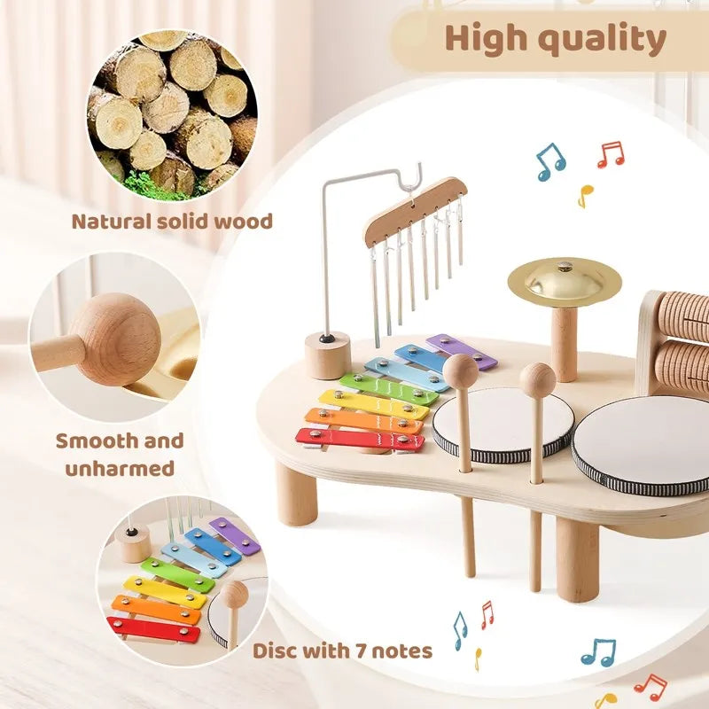 Wooden Musical Activity Center for Toddlers Rhythm Development Toy Percussion Set with Drum & Tone Bars Motor Skill Builder Ages 3+ | Thomler