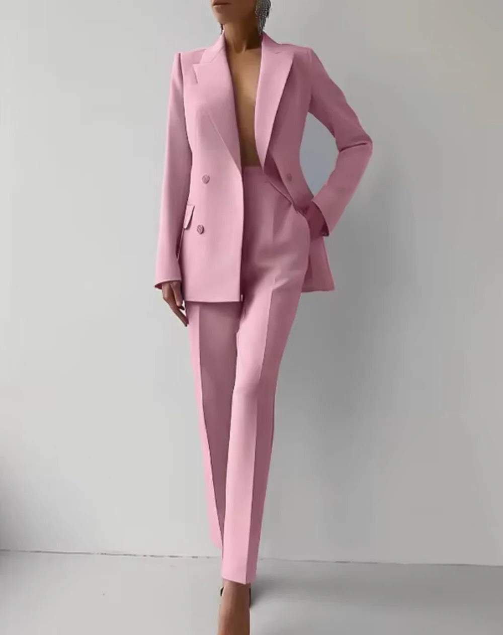 Klassiek damespak met reversblazer en pantalon met hoge taille