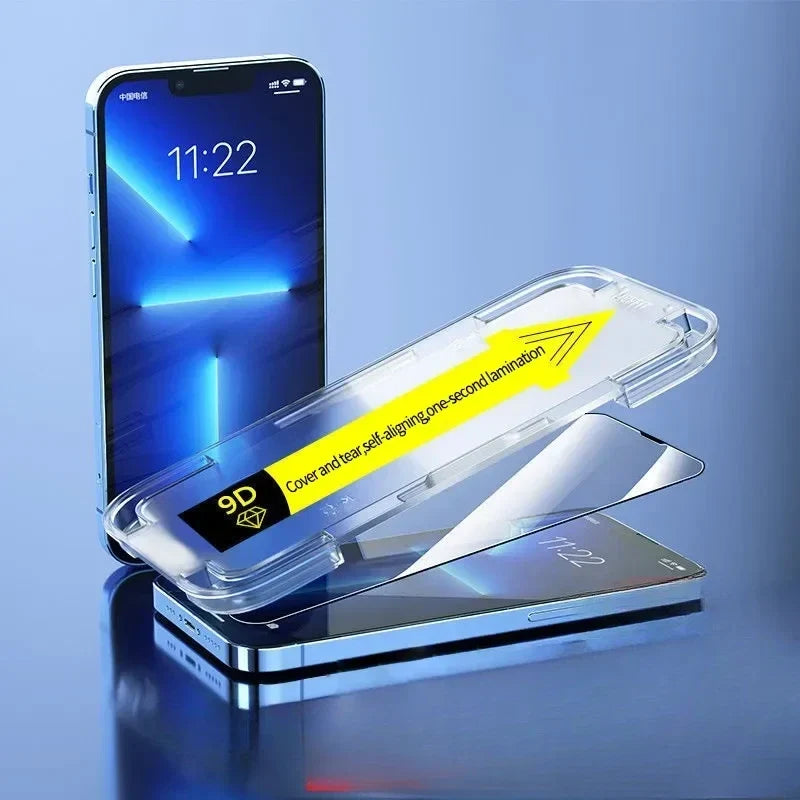 Gehard glazen screenprotector met uitlijningsframe voor iPhone – Krasbestendig, bubbelvrije installatie, stofvrije applicator | Thomler