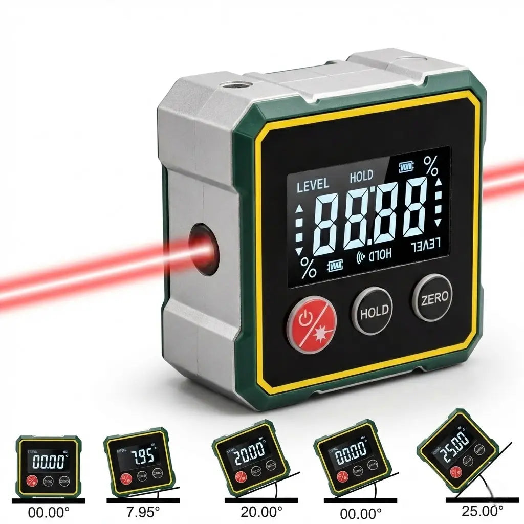 Magnetic Angle Finder with Dual Laser Level for Wall Mounting, Carpentry & DIY Projects – Digital Display, Battery Powered