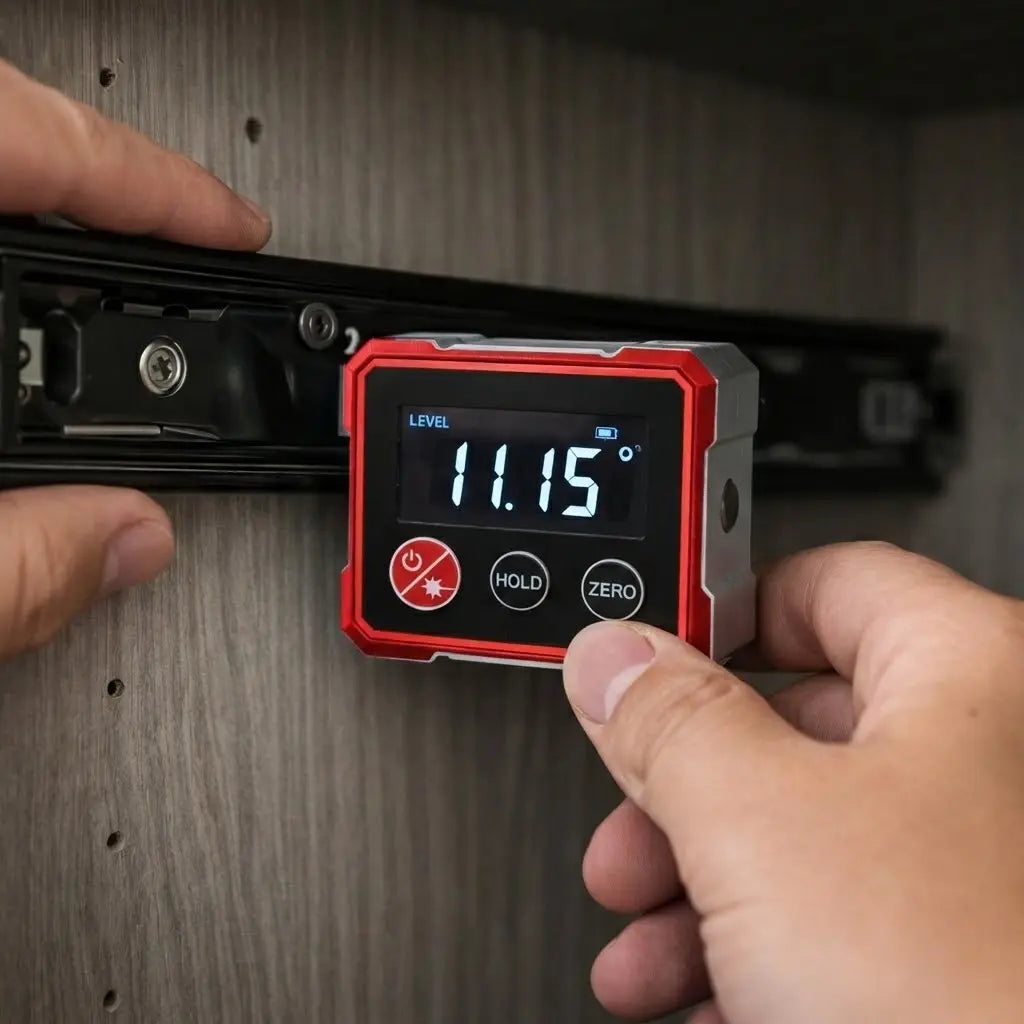Magnetic Angle Finder with Dual Laser Level for Wall Mounting, Carpentry & DIY Projects – Digital Display, Battery Powered