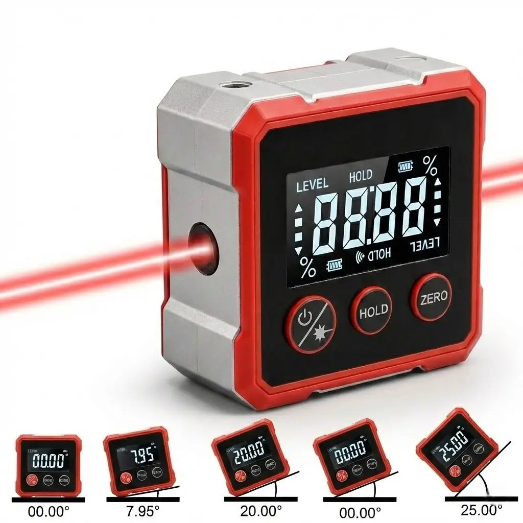 Magnetic Angle Finder with Dual Laser Level for Wall Mounting, Carpentry & DIY Projects – Digital Display, Battery Powered