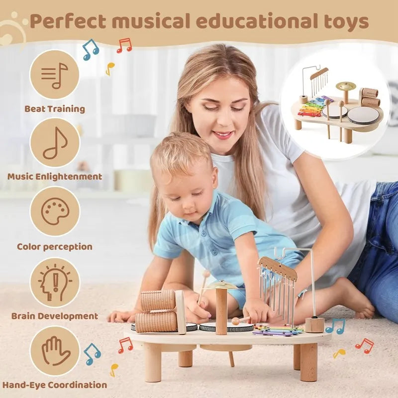 Wooden Musical Instrument Station for Kids - Xylophone, Drums & Bell Learning Toy for Toddlers Ages 3+ | Thomler