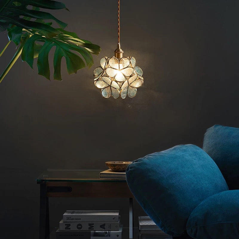 Sculptural Glass Hanging Light 9 Inch Floral Design Warm LED Adjustable Ceiling Fixture for Bedroom Kitchen Dining Nook Modern Botanical Ins | Thomler
