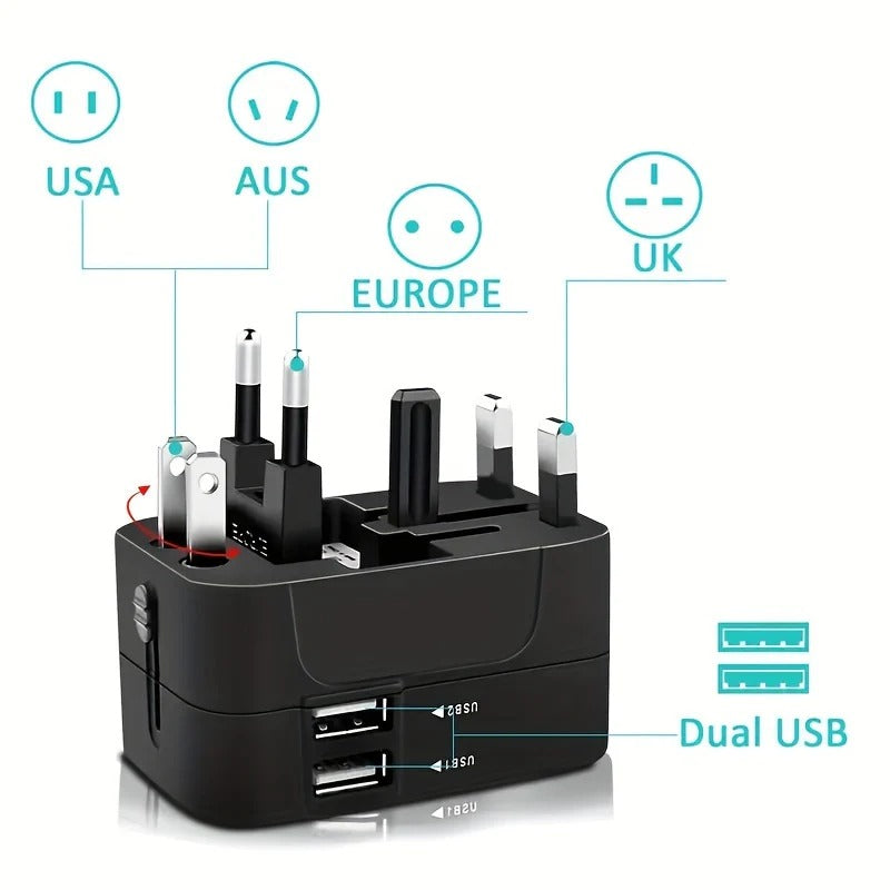 Wereldwijde reisstekker met twee USB-oplaadpoorten