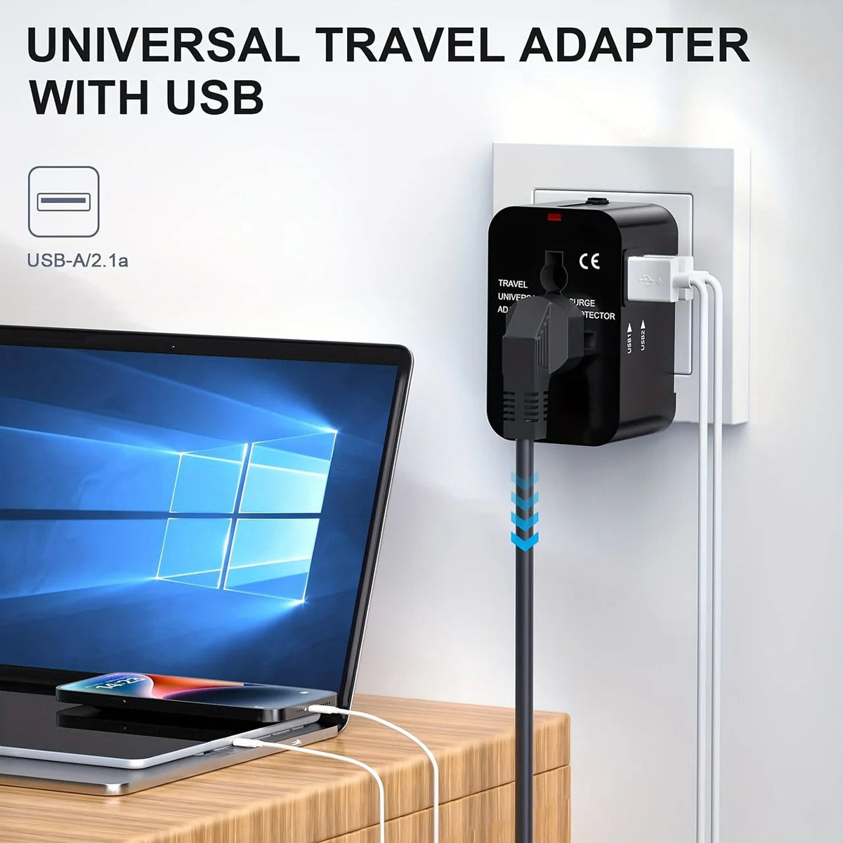 Wereldwijde reisstekker met twee USB-oplaadpoorten