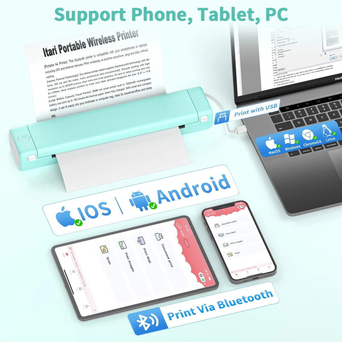 Impresora térmica portátil Bluetooth de 6 pulgadas, sin tinta, para documentos y fotos, con alimentación USB, ideal para oficina en casa, viajes, notas, formularios y etiquetas | Thomler
