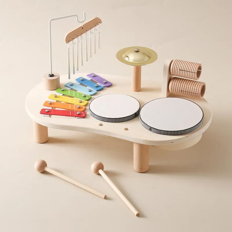 Wooden Musical Activity Center for Toddlers Rhythm Development Toy Percussion Set with Drum & Tone Bars Motor Skill Builder Ages 3+ | Thomler