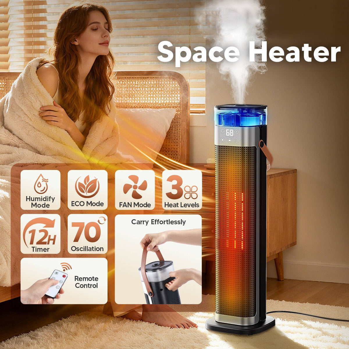 2000W Heizlüfter, 2-in-1 Keramik-Turmheizgerät mit Luftbefeuchter und 3D-Flammeneffekt für große Räume, Schlafzimmer, Büro und Zuhause