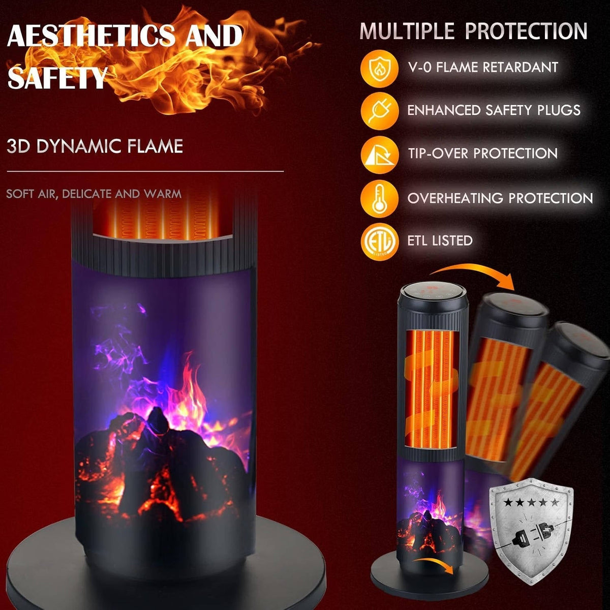 27" Keramik-Turm-Heizlüfter, elektrische Heizung für große Räume mit 3D-Flamme, Oszillation & Fernbedienung