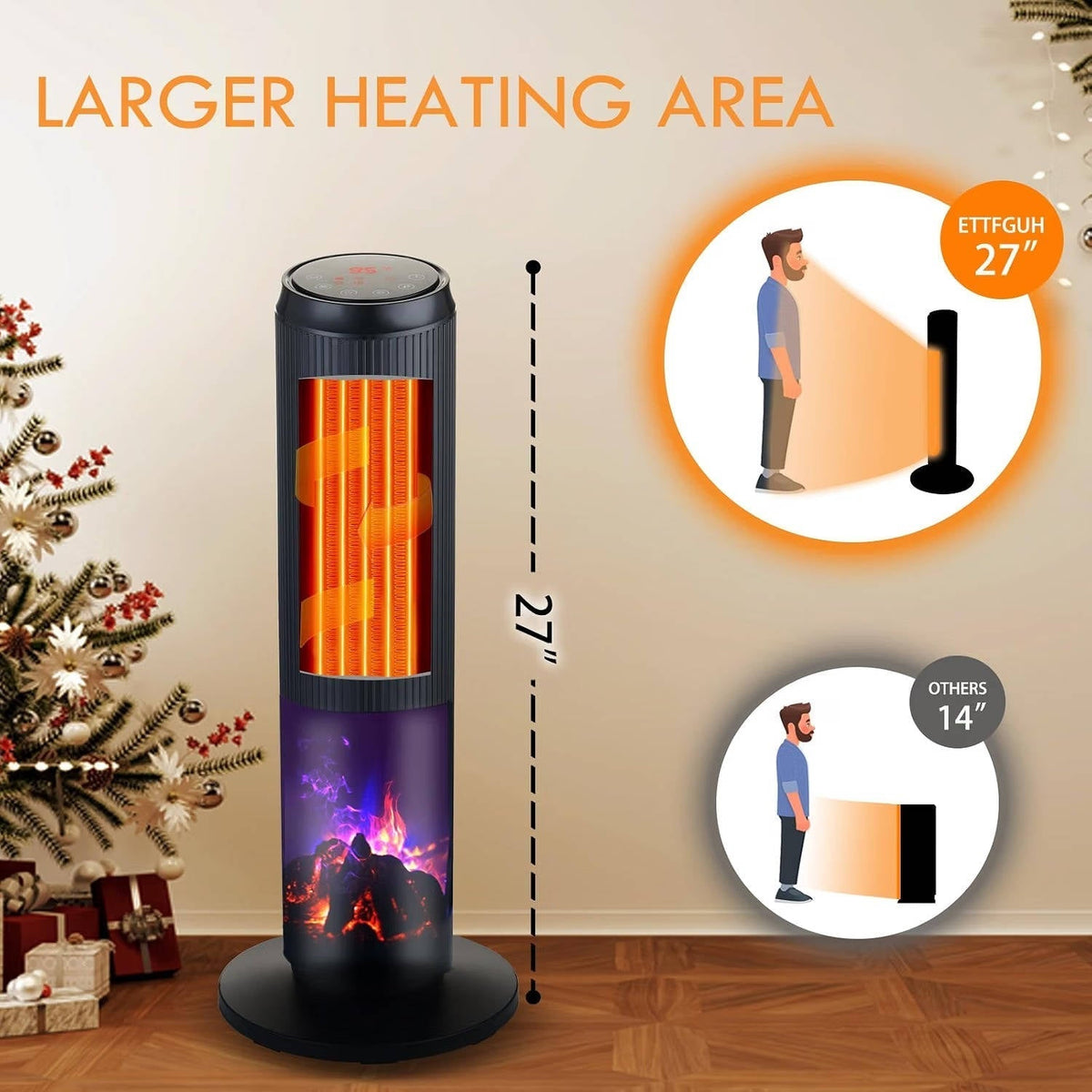 27" Keramik-Turm-Heizlüfter, elektrische Heizung für große Räume mit 3D-Flamme, Oszillation & Fernbedienung