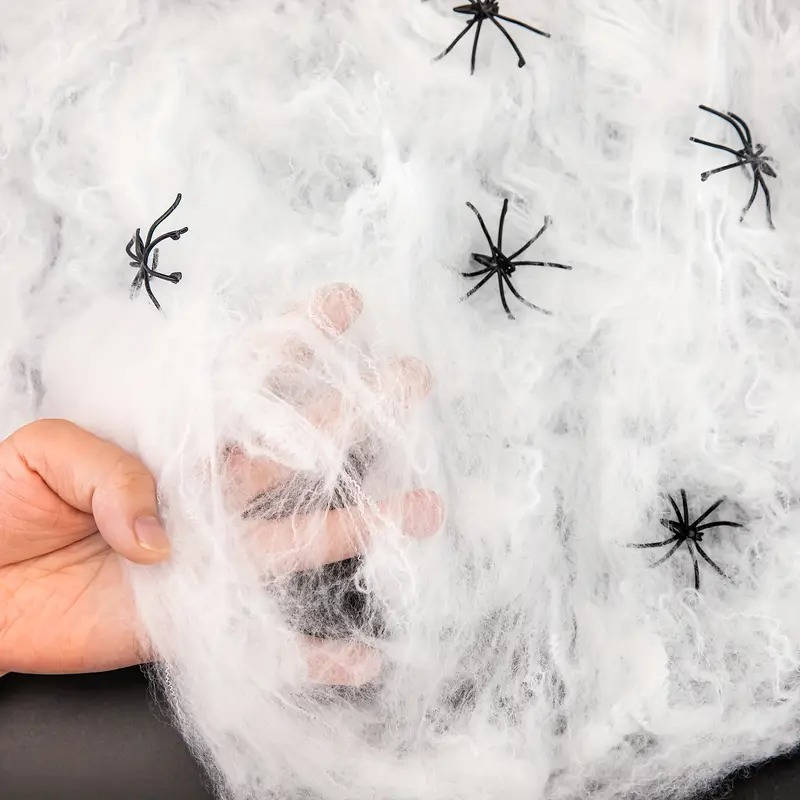 200 pies cuadrados de telarañas para decoración de puerta de Halloween con arañas de imitación