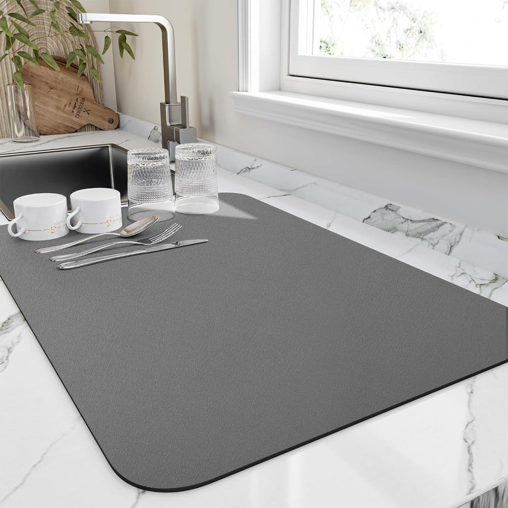 Super-Absorbent Diatomite Kitchen Counter Mat Gray 16x12 Inches Fast-Drying Dish Drainer Pad Sink Protector Space-Saving Flatware Organizer | Thomler