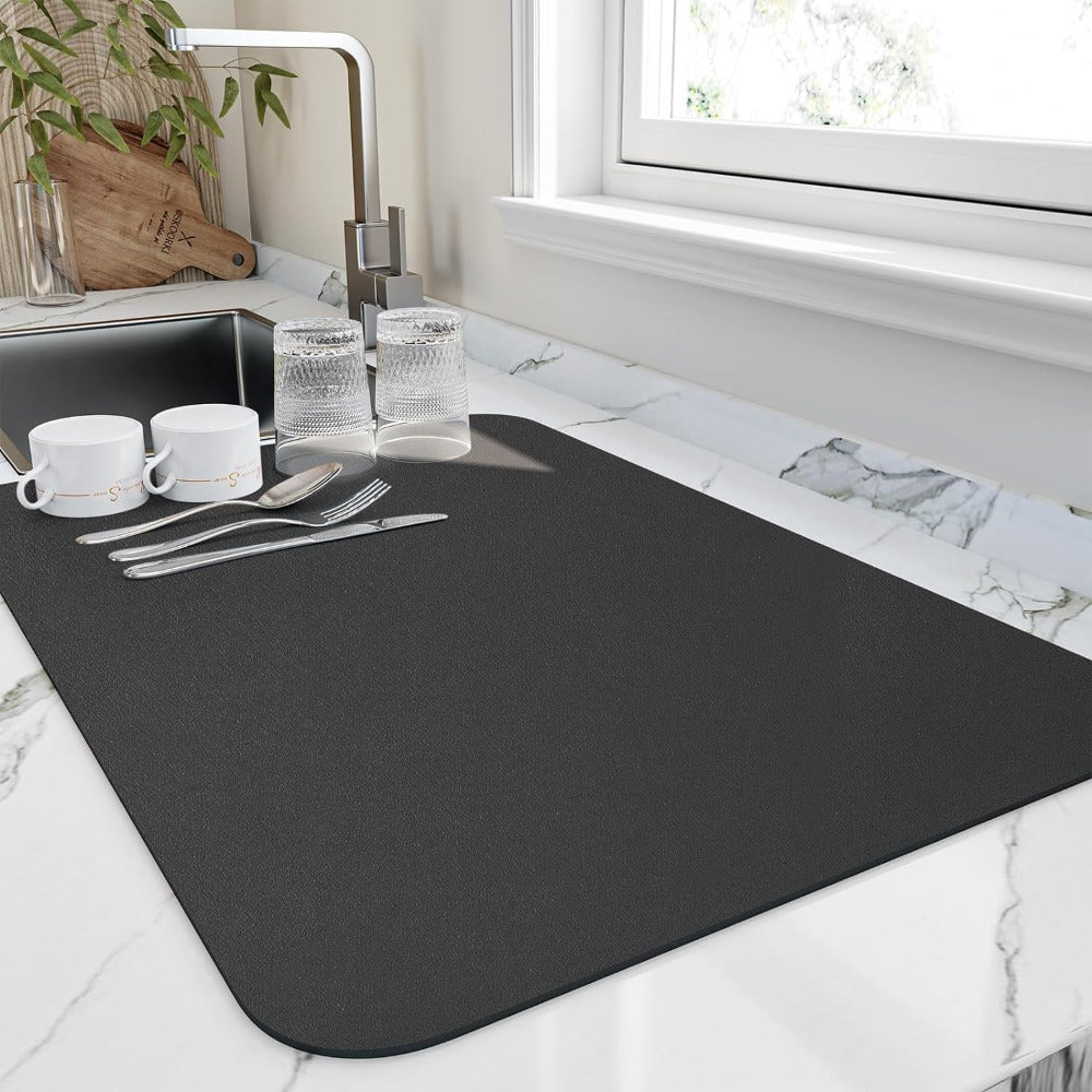 Super-Absorbent Diatomite Kitchen Counter Mat Gray 16x12 Inches Fast-Drying Dish Drainer Pad Sink Protector Space-Saving Flatware Organizer | Thomler
