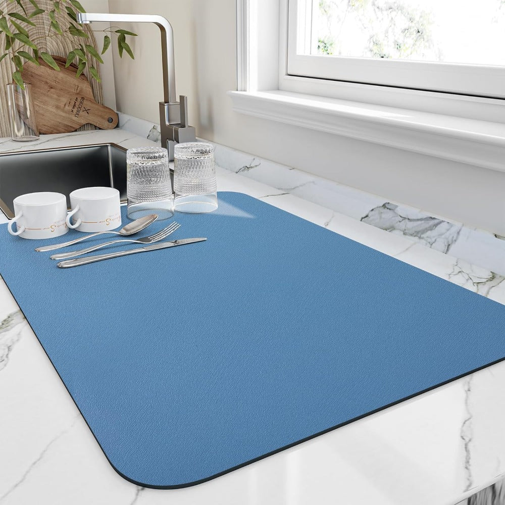 Super-Absorbent Diatomite Kitchen Counter Mat Gray 16x12 Inches Fast-Drying Dish Drainer Pad Sink Protector Space-Saving Flatware Organizer | Thomler