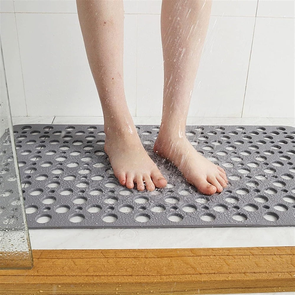 Rutschfeste Badematte mit Abflusslöchern, Grau, 60x40 cm, PVC, schnelltrocknende Sicherheits-Badeinlage für Dusche, Wanne, Nassbereiche, Heim-Spa, Senioren | Thomler