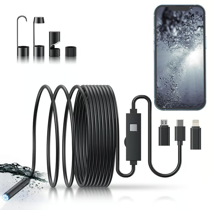 HD Video Borescope Camera 16 Foot Flexible Cable LED Lights Pipe Drain Engine Inspection Tool Smartphone Compatible | Thomler