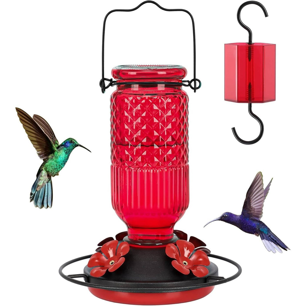 16 OZ Glass Hummingbird Feeders for Outdoors, with 4 Bee Guard Feeding Ports & Built in Ant Moat