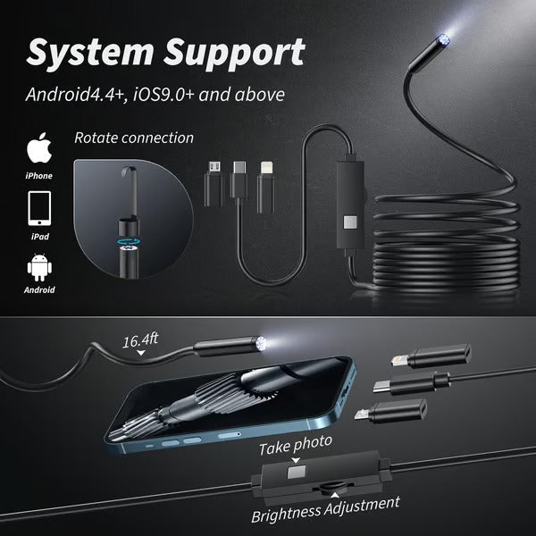 HD Video Borescope Camera 16 Foot Flexible Cable LED Lights Pipe Drain Engine Inspection Tool Smartphone Compatible | Thomler