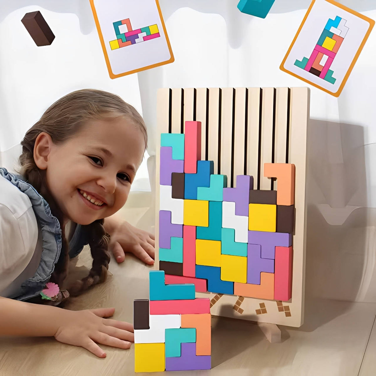 Houten puzzelblokken met 42 stukjes en 10 kaarten, uitklapbare standaard