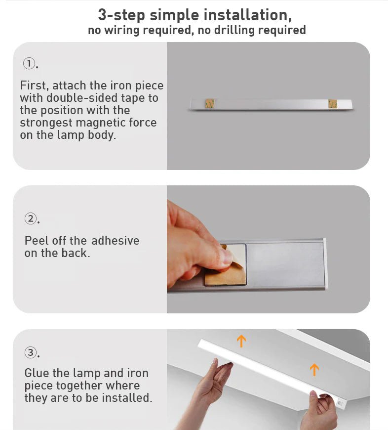 LED-Unterbauleuchte mit Bewegungsmelder, wiederaufladbar, USB-betrieben, schlanke Aluminiumleiste für Küche, Schrank, Vorratskammer, Flur, 3 Farbtemperaturen, kabellos In | Thomler