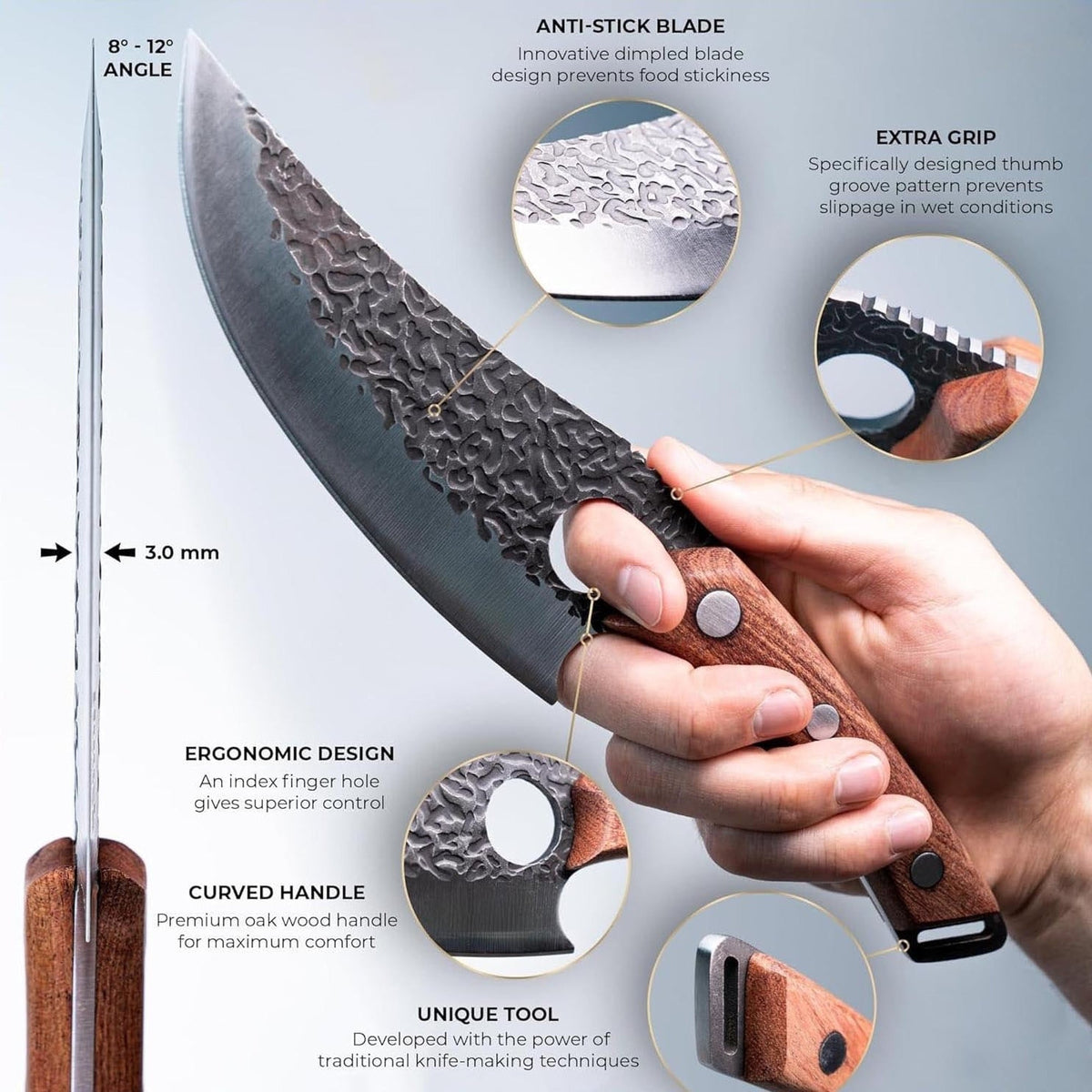 Cuchillo de chef japonés para corte de precisión, picado y deshuesado con acero afilado como navaja
