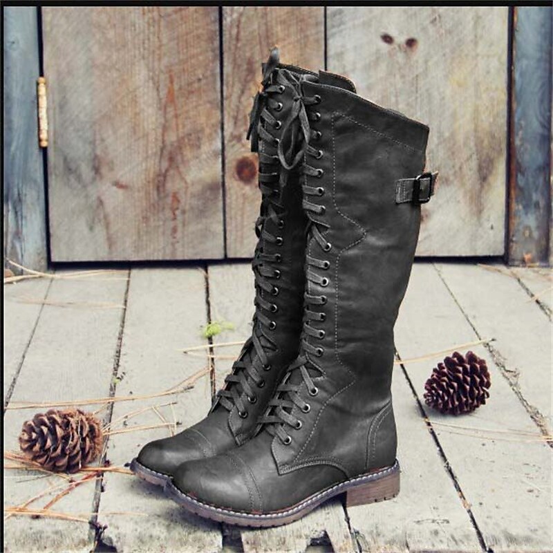 Botas de piel hasta la rodilla con cordones, cremallera lateral y ganchos metálicos para mujer, para uso diario, trabajo y estilo de fin de semana | Thomler