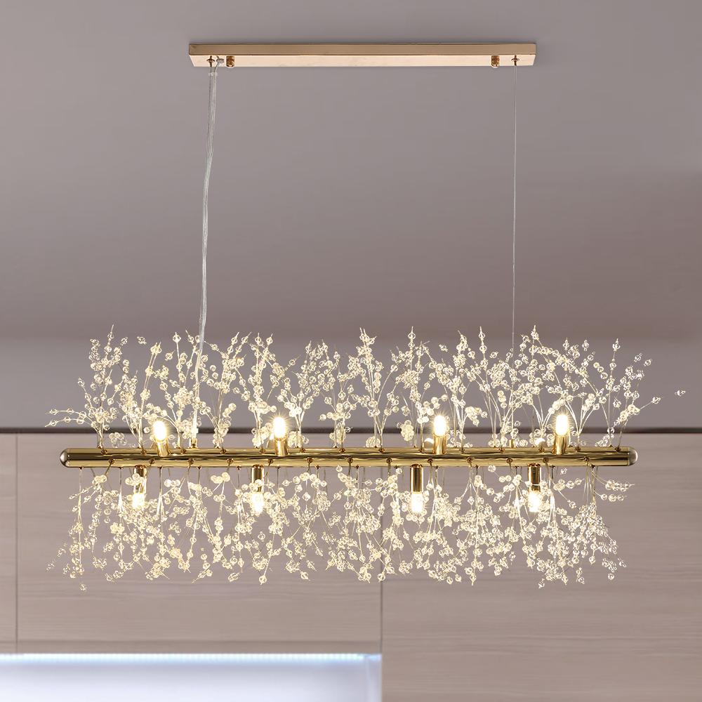 Lineaire kristallen kroonluchter 36-inch 12-lichts goud chroom afwerking voor eetkamer kookeiland eigentijds plafondarmatuur modern verstelbaar | Thomler