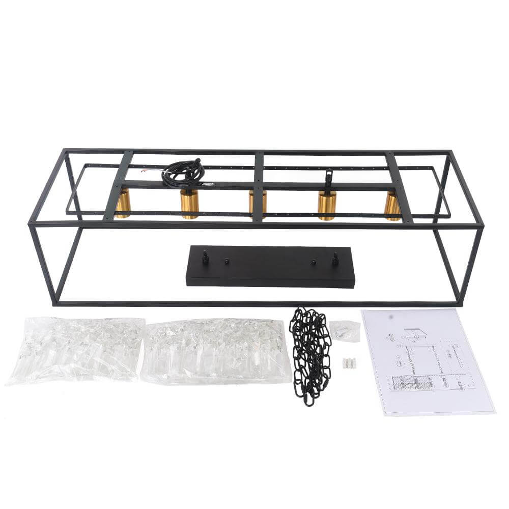 Linear Five-Light Hanging Fixture Black Metal Crystal Glass 35 inch for Kitchen Island Dining Room Table Adjustable Drop Ceiling Lamp Modern | Thomler