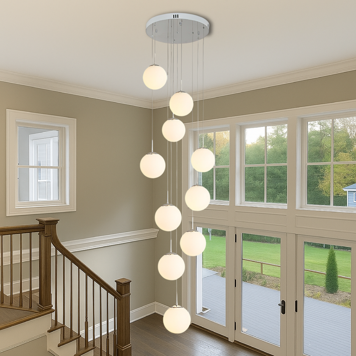 10-Light Cascading Glass Globe Chandelier 79 in Drop 3000K for Stairwell Foyer High Ceiling Modern Vertical Lighting Adjustable Suspension H | Thomler