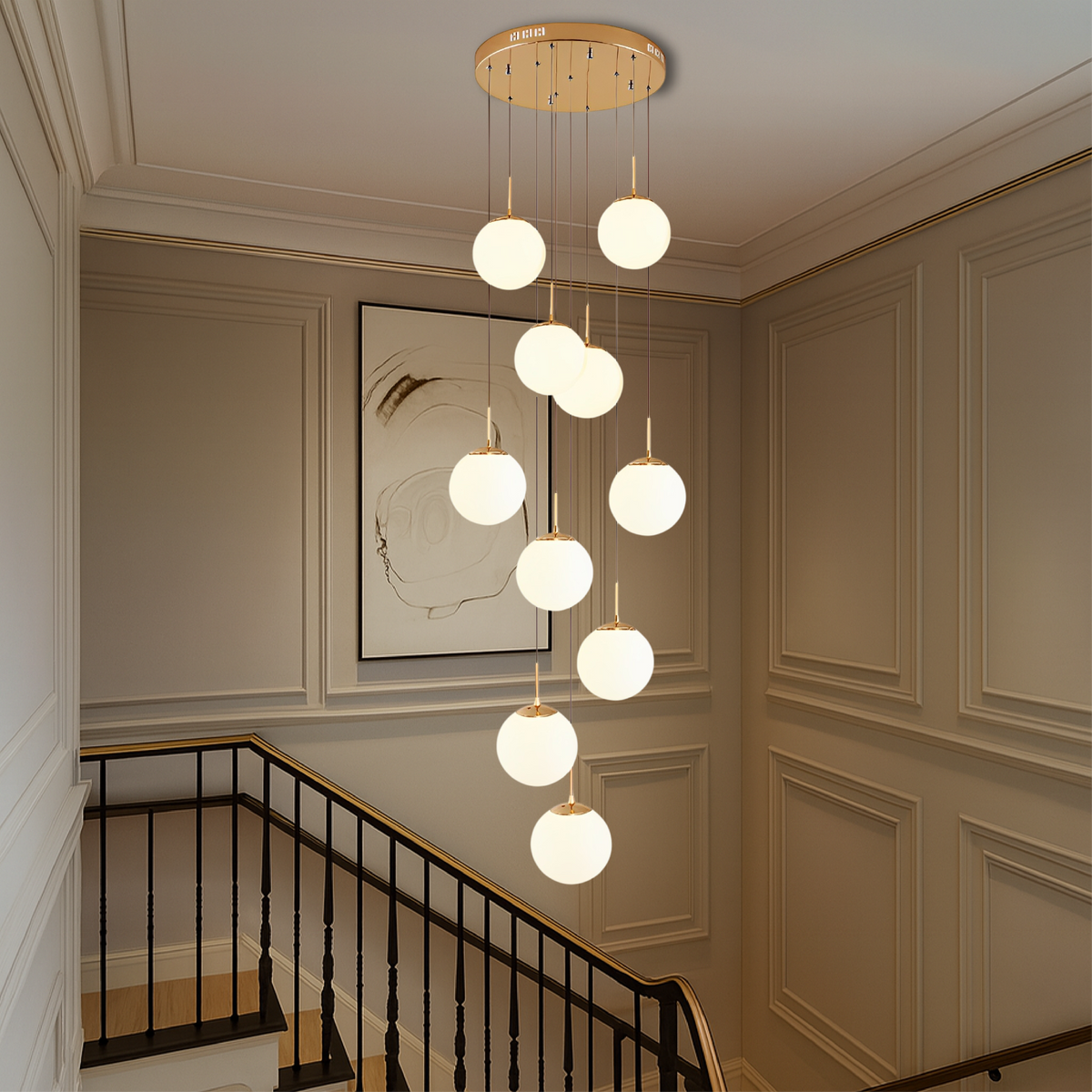 10-Light Cascading Glass Globe Chandelier 79 in Drop 3000K for Stairwell Foyer High Ceiling Modern Vertical Lighting Adjustable Suspension H | Thomler