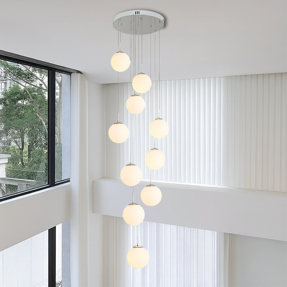 10-Light Cascading Glass Globe Chandelier 79 in Drop 3000K for Stairwell Foyer High Ceiling Modern Vertical Lighting Adjustable Suspension H | Thomler