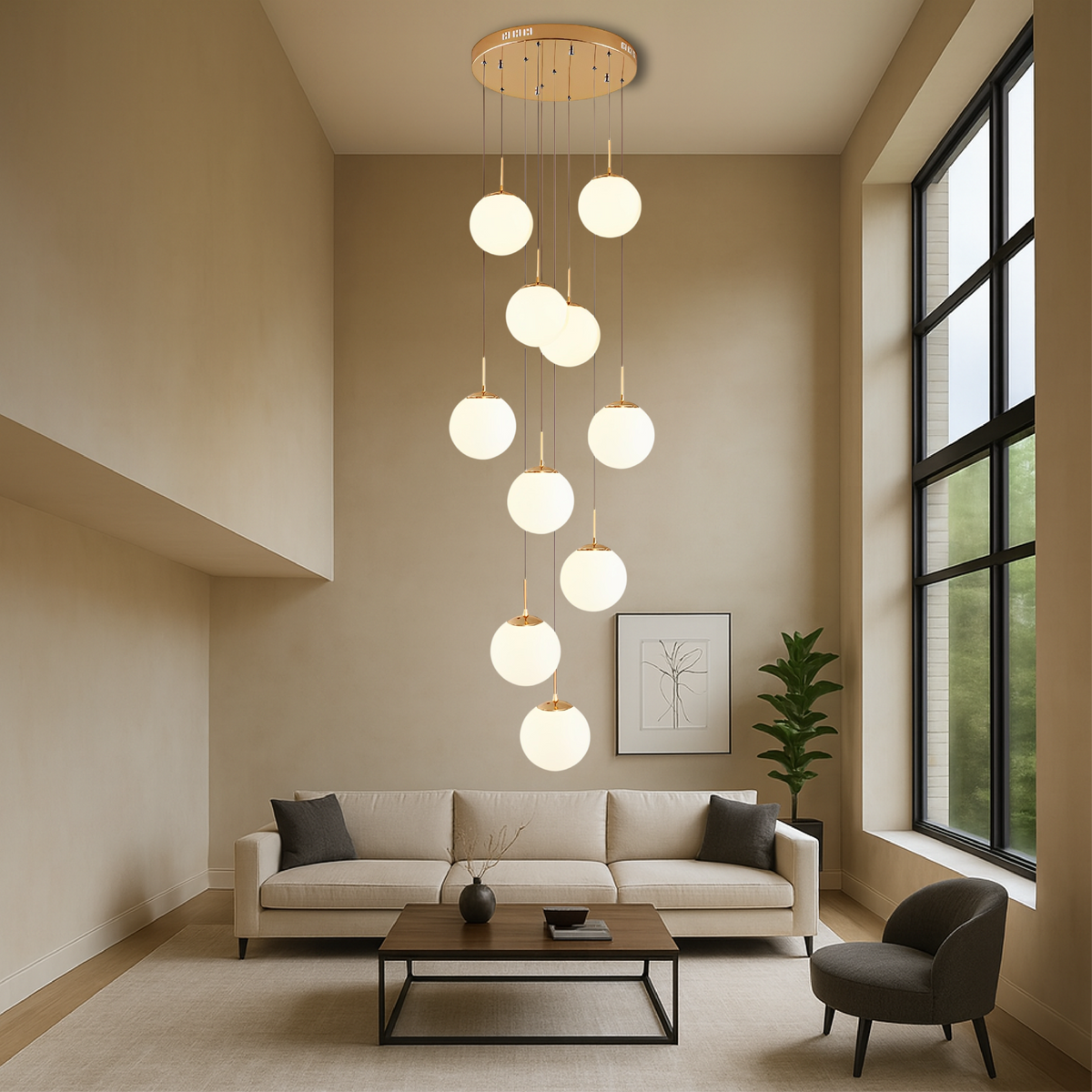 10-Light Cascading Glass Globe Chandelier 79 in Drop 3000K for Stairwell Foyer High Ceiling Modern Vertical Lighting Adjustable Suspension H | Thomler