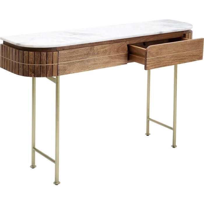 Entryway Table with Marble Top 39 in Natural Mango Wood Gold Metal Base 2 Drawers for Foyer Living Room Bedroom Storage Hallway Furniture | Thomler