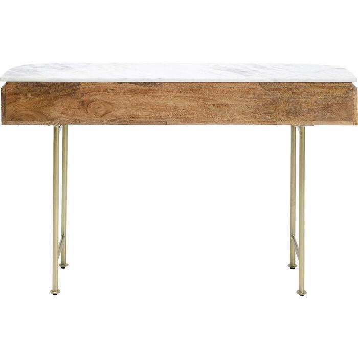 Entryway Table with Marble Top 39 in Natural Mango Wood Gold Metal Base 2 Drawers for Foyer Living Room Bedroom Storage Hallway Furniture | Thomler