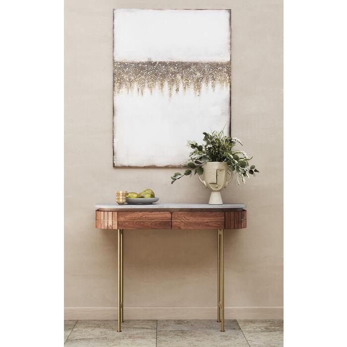 Entryway Table with Marble Top 39 in Natural Mango Wood Gold Metal Base 2 Drawers for Foyer Living Room Bedroom Storage Hallway Furniture | Thomler