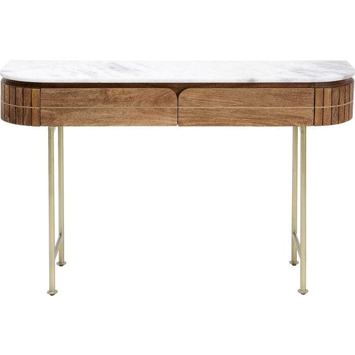 Entryway Table with Marble Top 39 in Natural Mango Wood Gold Metal Base 2 Drawers for Foyer Living Room Bedroom Storage Hallway Furniture | Thomler