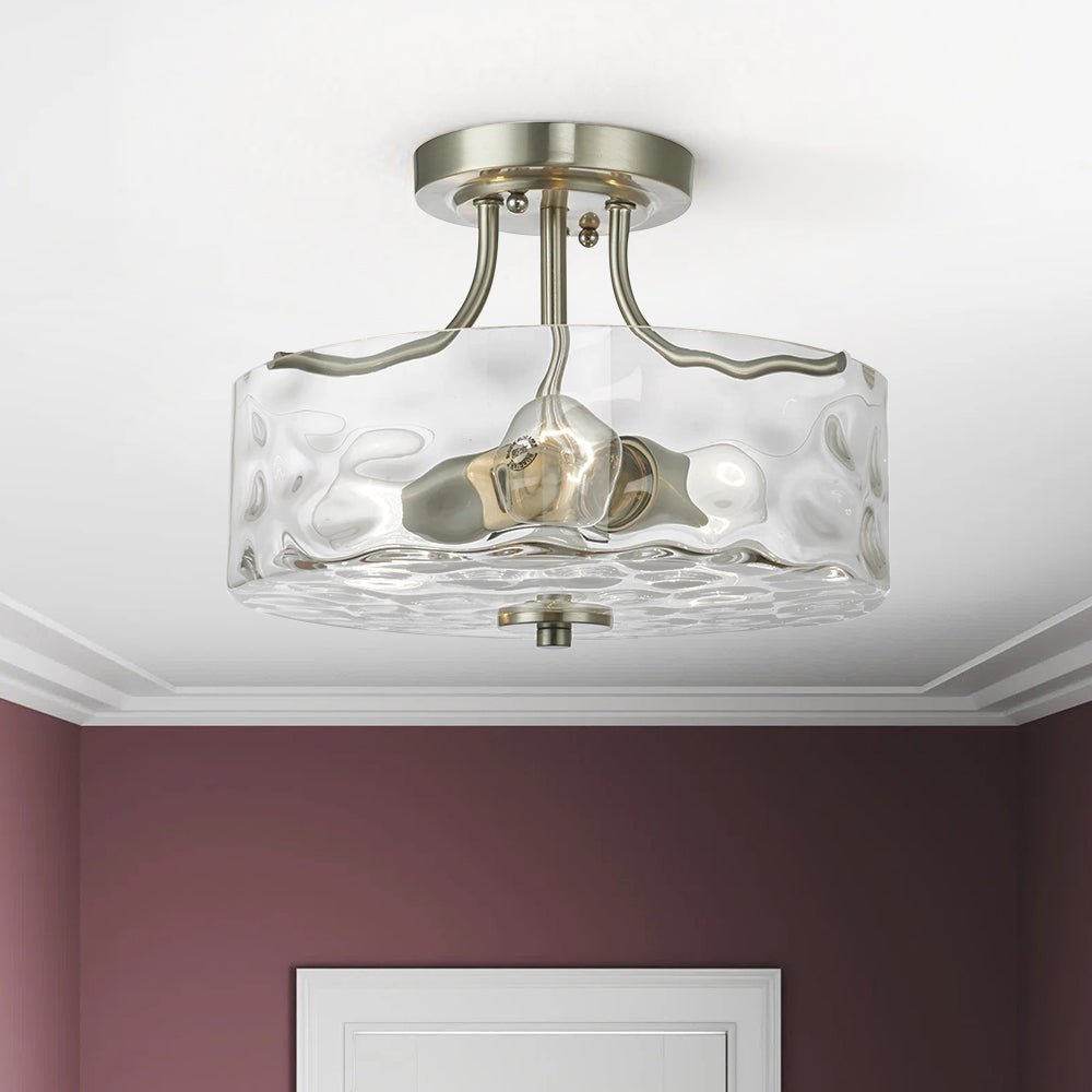 Deckenleuchte, rund, texturiertes Glas, gebürstetes Nickel, 30 cm, halb-bündige Montage für Küche, Schlafzimmer, Flur, Badezimmer, Deckenleuchte mit zwei Leuchtmitteln | Thomler