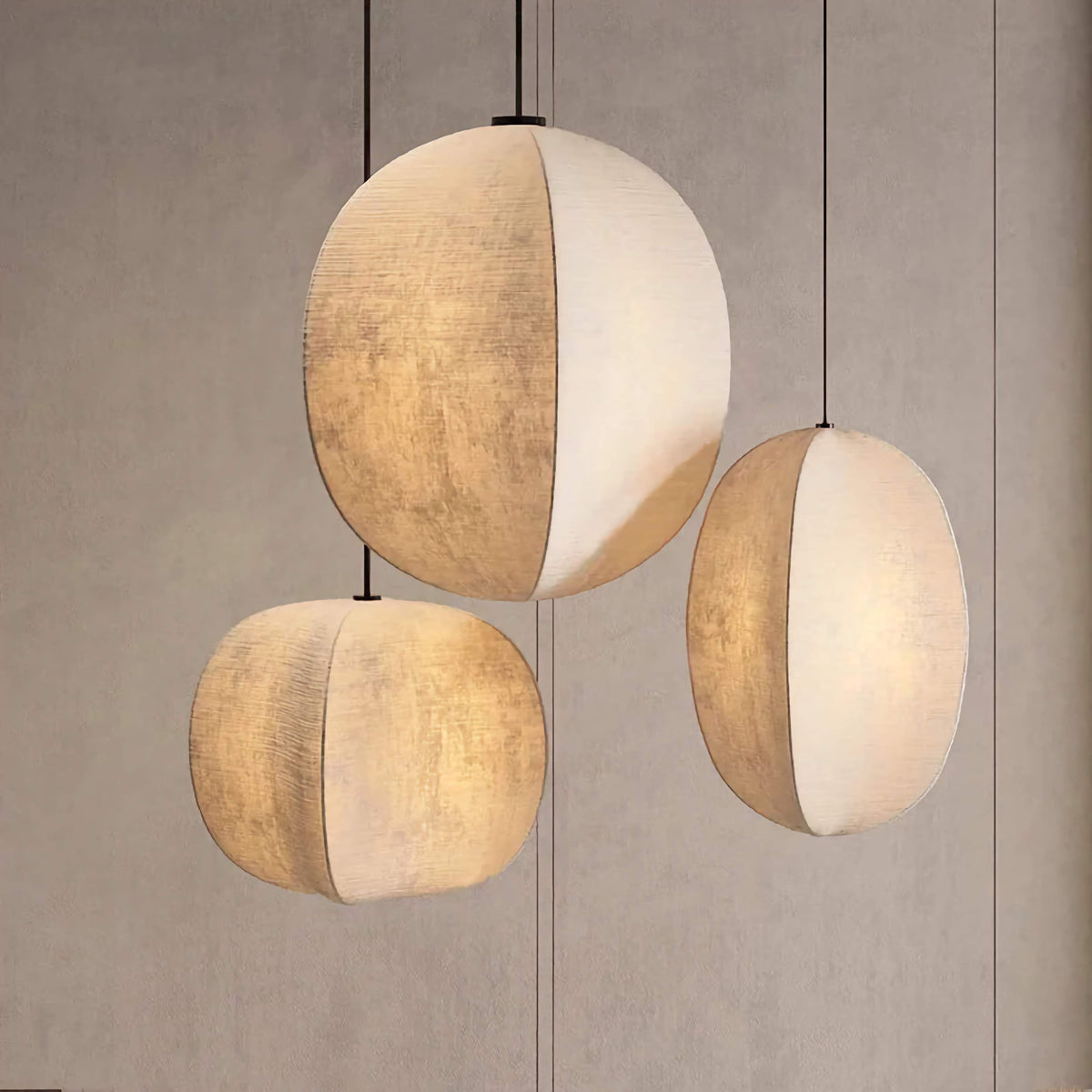 Fabric Globe Pendant Light Set for Kitchen Island Dining Room in Natural Beige Linen 12W LED Warm White Sphere Hanging Fixture Coastal Boho | Thomler