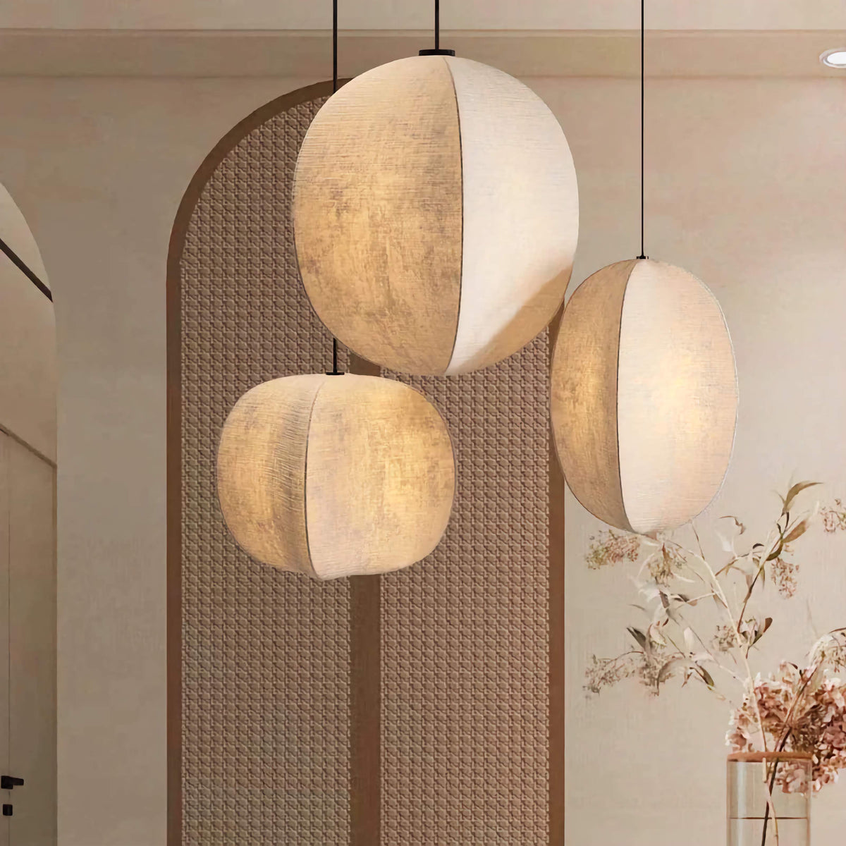 Fabric Globe Pendant Light Set for Kitchen Island Dining Room in Natural Beige Linen 12W LED Warm White Sphere Hanging Fixture Coastal Boho | Thomler