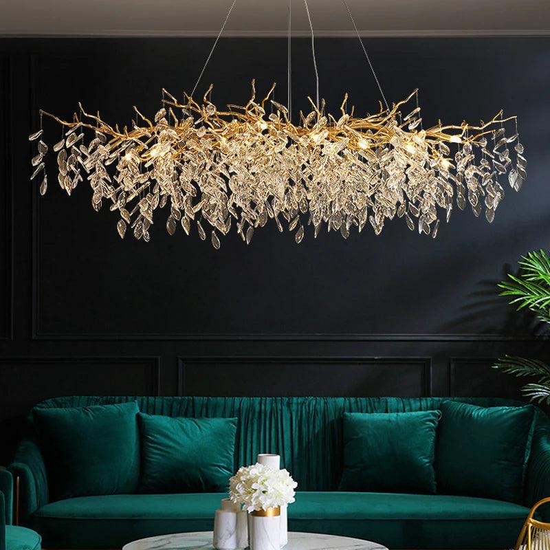 Crystal Ceiling Fixture LED Linear Bar Chandelier Dining Room Gold Silver Hanging Light Modern Luxury Island Lighting for Living Spaces | Thomler