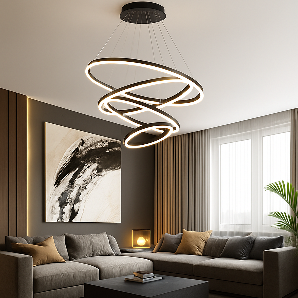 Mehrflammige LED-Deckenleuchte aus schwarzem Stahl, hängender Kronleuchter für Ess- und Wohnbereich, höhenverstellbar, zeitgenössisches Kreis-Design | Thomler
