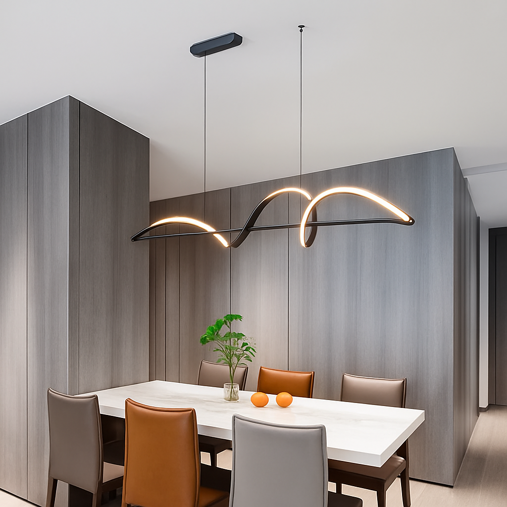 Lineare LED-Hängeleuchte für das Esszimmer, schwarze Legierung, dimmbare Deckenleuchte, 15-30 m² Abdeckung, modernes Wellendesign für Kücheninsel L | Thomler