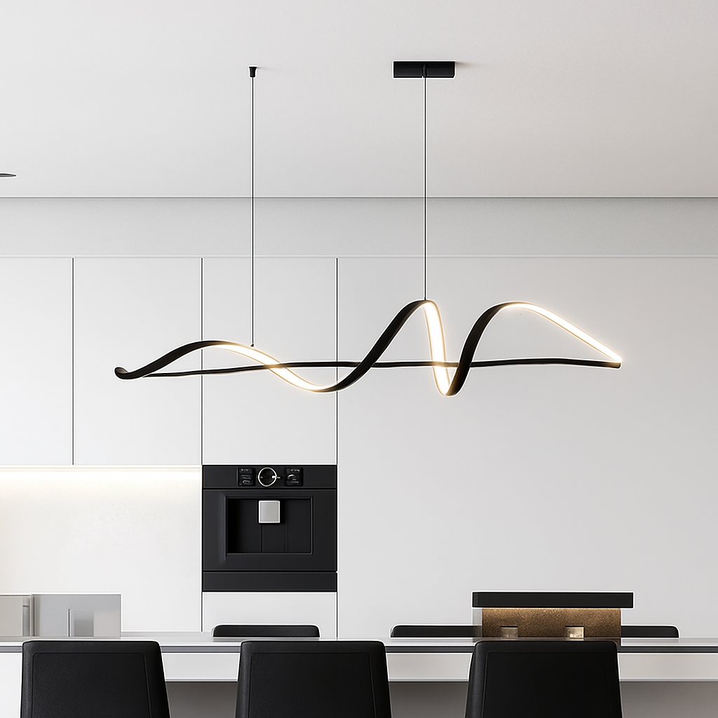 Lineare LED-Hängeleuchte für das Esszimmer, schwarze Legierung, dimmbare Deckenleuchte, 15-30 m² Abdeckung, modernes Wellendesign für Kücheninsel L | Thomler