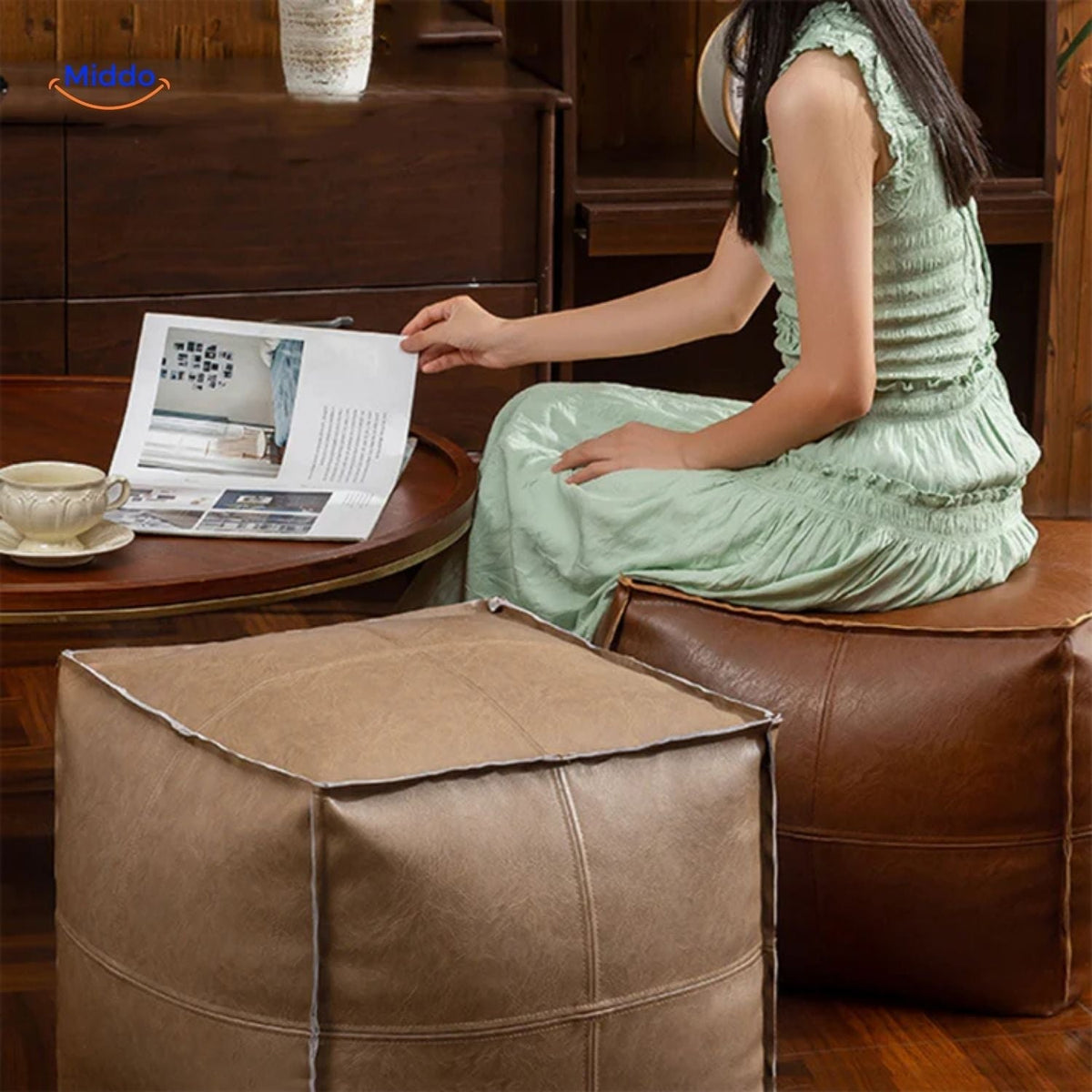 Faux Leather Floor Cushion Pouf – Refillable Japanese-Style Seat Pillow for Living Room, Patio & Bedroom