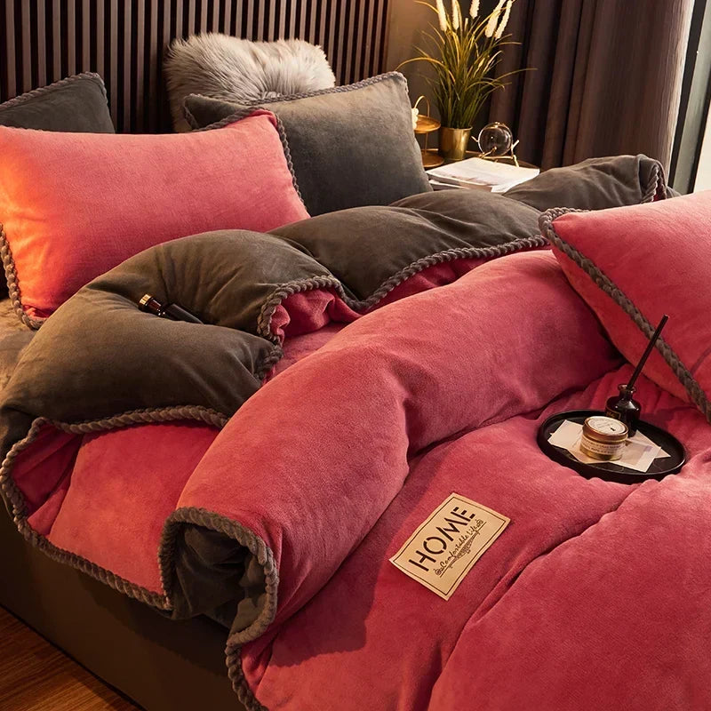 Zachte fleece dekbedovertrekset, winterwarm beddengoed, Queen King, grijs, roze, beige, zwart, voor slaapkamer, koud weer, knusse nachtrust